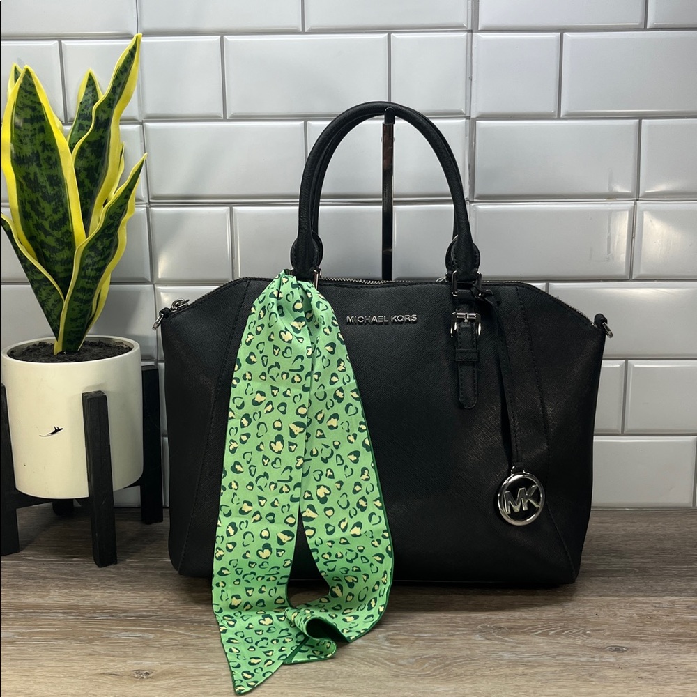 Michael Kors Black Satchel with Green Accent Scarf